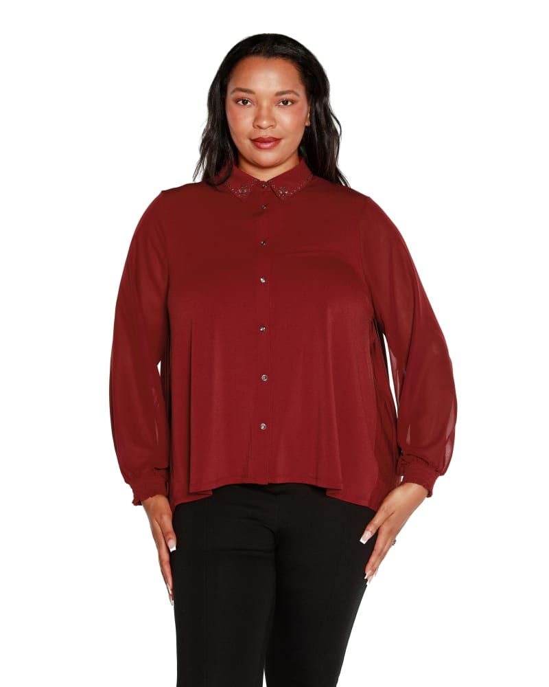 Front of a model wearing a size 3X Plus Size Pleated Back Embellished Top in Cranberry by Belldini Black Label. | dia_product_style_image_id:319182